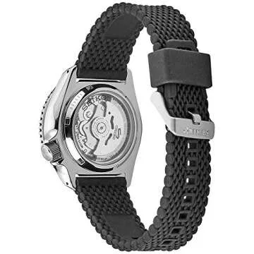 Seiko SRPD95 Men's Black Dial Watch with Black Bezel, Stainless Steel Case, and Black Silicone Strap