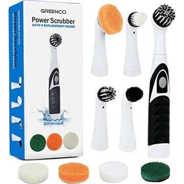 Greenco Electric Scrub Brush with 4 Replaceable Brush Attachment Heads, Electric Cleaning Brush Scrubber, Spin Scrubber, Bathroom and Grout Auto Power Scrubber, New and Improved Version