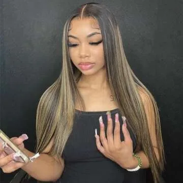 Ombre Colored 1B 27 Sliky Straight 13X4 Hd Transparent Lace Frontal Wig Human Hair Highlight Ombre Glueless Lace Front Human Hair Wigs With Bleached Knots 180% Density Pre Plucked for Women 14"