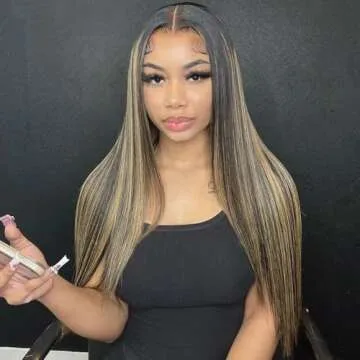 Ombre Colored 1B 27 Sliky Straight 13X4 Hd Transparent Lace Frontal Wig Human Hair Highlight Ombre Glueless Lace Front Human Hair Wigs With Bleached Knots 180% Density Pre Plucked for Women 14"