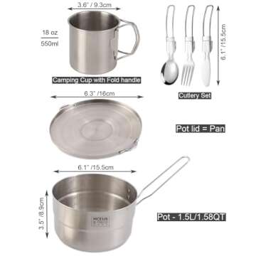 Compact Camping Pot Backpack Mess kit, 18/8 Stainless Steel Camping Pot and Pan Cooking Set, Lightwe...