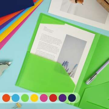 EOOUT 64pcs Plastic Folders with Pockets, Heavy Duty Folders with 4 Pockets for Office and School, Letter Size, 8 Assorted Colors