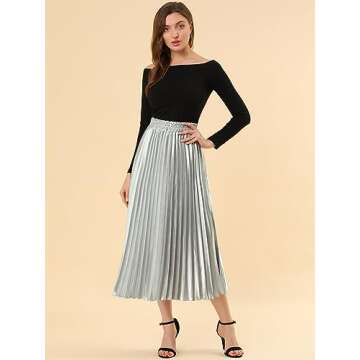 Allegra K Women's Shiny Metallic Pleated Midi Skirt