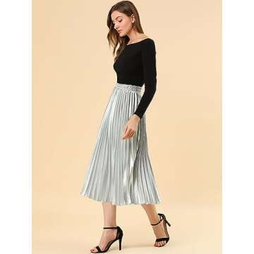 Allegra K Women's Shiny Metallic Pleated Midi Skirt