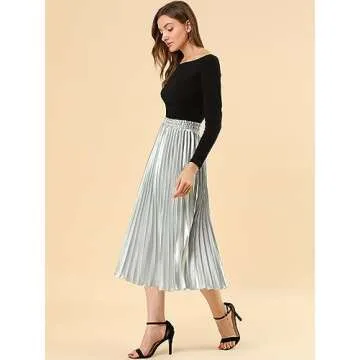 Allegra K Women's Shiny Metallic Pleated Midi Skirt