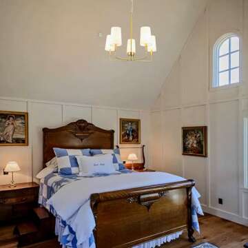 Homebelife Chandelier, Brushed Brass with White Fabric Shade, Farmhouse Linear Island Lighting Fixture for Kitchen, Dining Room (5-Light Brass Gold with Fabric Shades)