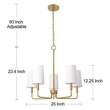 Homebelife Chandelier, Brushed Brass with White Fabric Shade, Farmhouse Linear Island Lighting Fixture for Kitchen, Dining Room (5-Light Brass Gold with Fabric Shades)