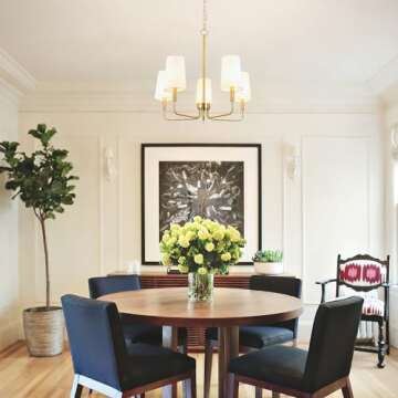 Homebelife Chandelier, Brushed Brass with White Fabric Shade, Farmhouse Linear Island Lighting Fixture for Kitchen, Dining Room (5-Light Brass Gold with Fabric Shades)