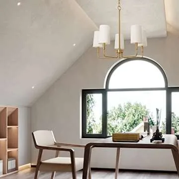 Homebelife Chandelier, Brushed Brass with White Fabric Shade, Farmhouse Linear Island Lighting Fixture for Kitchen, Dining Room (5-Light Brass Gold with Fabric Shades)
