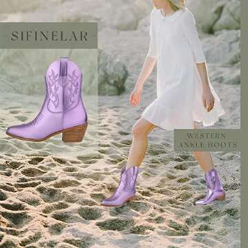 SIFINELAR Embroidered Cowboy Cowgirl Boots for Women Stitched Round Toe Stacked Heel Western Ankle Pull on Modern Short Purple