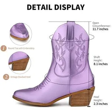 SIFINELAR Embroidered Cowboy Cowgirl Boots for Women Stitched Round Toe Stacked Heel Western Ankle Pull on Modern Short Purple