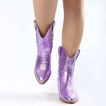 SIFINELAR Embroidered Cowboy Cowgirl Boots for Women Stitched Round Toe Stacked Heel Western Ankle Pull on Modern Short Purple