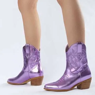SIFINELAR Embroidered Cowboy Cowgirl Boots for Women Stitched Round Toe Stacked Heel Western Ankle Pull on Modern Short Purple