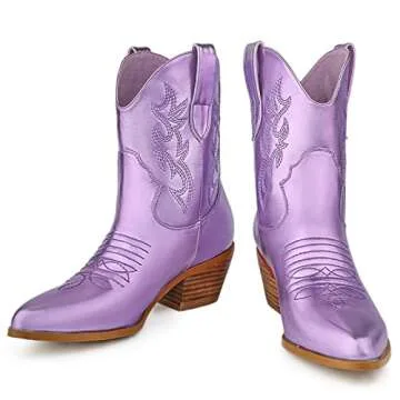SIFINELAR Embroidered Cowboy Cowgirl Boots for Women Stitched Round Toe Stacked Heel Western Ankle Pull on Modern Short Purple