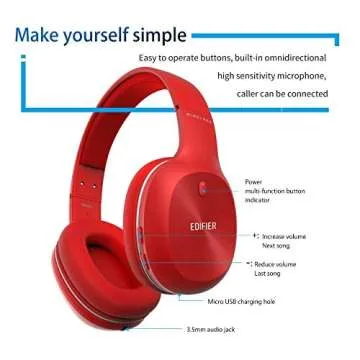 Edifier W800BT Bluetooth Headphones Over Ear, Wireless Noise Isolating Hi-Fi Stereo Headset for Travel Work Sports Tablet Cell Phones- Red