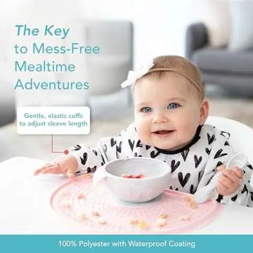 Bumkins Sleeved Bib for Girl or Boy, Baby and Toddler for 6-24 Months, Essential Must Have for Eating, Feeding, Baby Led Weaning Supplies, Long Sleeve Mess Saving Food Catcher, Hearts Black and White