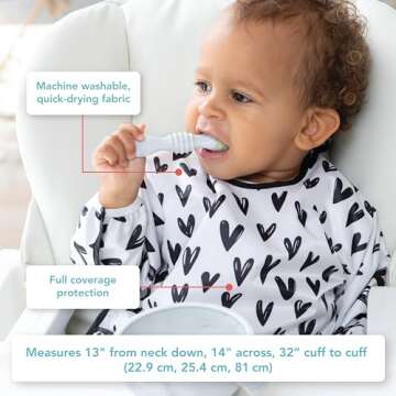 Bumkins Sleeved Bib for Girl or Boy, Baby and Toddler for 6-24 Months, Essential Must Have for Eating, Feeding, Baby Led Weaning Supplies, Long Sleeve Mess Saving Food Catcher, Hearts Black and White