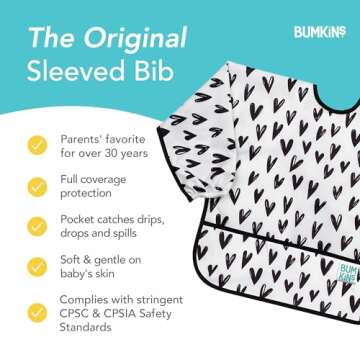 Bumkins Sleeved Bib for Girl or Boy, Baby and Toddler for 6-24 Months, Essential Must Have for Eating, Feeding, Baby Led Weaning Supplies, Long Sleeve Mess Saving Food Catcher, Hearts Black and White