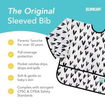 Bumkins Sleeved Bib for Girl or Boy, Baby and Toddler for 6-24 Months, Essential Must Have for Eating, Feeding, Baby Led Weaning Supplies, Long Sleeve Mess Saving Food Catcher, Hearts Black and White