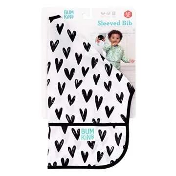 Bumkins Sleeved Bib for Girl or Boy, Baby and Toddler for 6-24 Months, Essential Must Have for Eating, Feeding, Baby Led Weaning Supplies, Long Sleeve Mess Saving Food Catcher, Hearts Black and White
