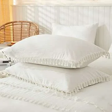 Bedbay White Queen Comforter Set Boho Bedding Comforter Full Size Luxury Tufted Tassel 3 Pcs Ultra Soft Lightweight Comforter Set Farmhouse Style (White, Queen)