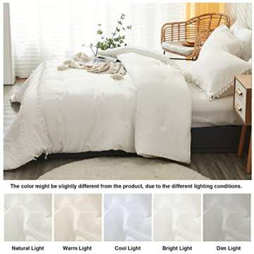Bedbay White Queen Comforter Set Boho Bedding Comforter Full Size Luxury Tufted Tassel 3 Pcs Ultra Soft Lightweight Comforter Set Farmhouse Style (White, Queen)