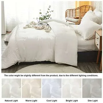 Bedbay White Queen Comforter Set Boho Bedding Comforter Full Size Luxury Tufted Tassel 3 Pcs Ultra Soft Lightweight Comforter Set Farmhouse Style (White, Queen)
