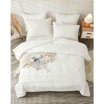 Bedbay White Queen Comforter Set Boho Bedding Comforter Full Size Luxury Tufted Tassel 3 Pcs Ultra Soft Lightweight Comforter Set Farmhouse Style (White, Queen)
