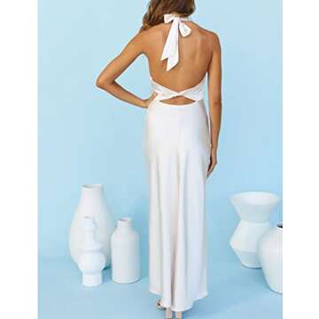 Satin Silk Halter Tie Neck Maxi Formal Dresses for Women- Open Back Twist Ruched Slit Midi Cocktail Dress for Wedding Guest White