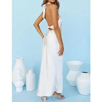 Satin Silk Halter Tie Neck Maxi Formal Dresses for Women- Open Back Twist Ruched Slit Midi Cocktail Dress for Wedding Guest White