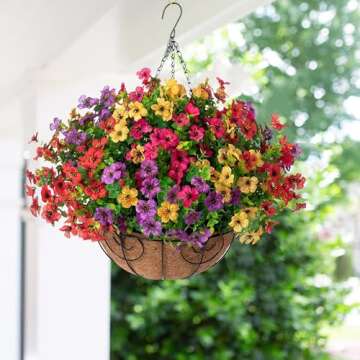 HyeFlora Artificial Faux Hanging Plants Flowers Basket for Summer Outdoor Outside Decoration, Fake S...