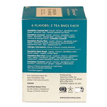 Teeccino Herbal Tea Sampler & Dandelion Tea Sampler – Rich & Roasted Herbal Tea That’s Caffeine Free & Prebiotic for Natural Energy, 12 Tea Bags (Variety Pack of 2)