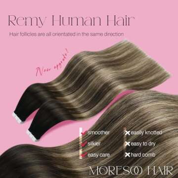 Moresoo Tape in Hair Extensions Human Hair Balayage Off Black to Brown Mix with Blonde Hair Extensio...