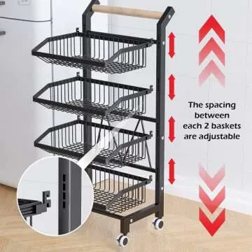 COVAODQ Snack Cart with Wheels 4-Tier Adjustable Fruit Rack Fruit Vegetable Basket Cart Metal Wire Storage Cart Rolling Pantry Utility Kitchen Cart