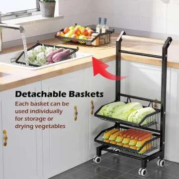 COVAODQ Snack Cart with Wheels 4-Tier Adjustable Fruit Rack Fruit Vegetable Basket Cart Metal Wire Storage Cart Rolling Pantry Utility Kitchen Cart