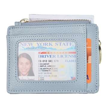 Woogwin Slim RFID Credit Card Holder for Women - Mini Front Pocket Wallet with Keychain in Lichee Li...