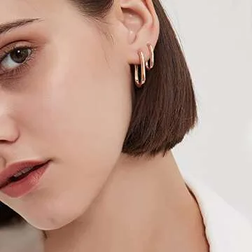 2Pairs 18K Gold Plated Small Rectangular Hoop Earrings for Women Tiny Minimalist Geometric Chunky Huggies Men U Shaped Small Rose Gold Hoops Set