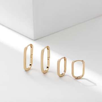 2Pairs 18K Gold Plated Small Rectangular Hoop Earrings for Women Tiny Minimalist Geometric Chunky Huggies Men U Shaped Small Rose Gold Hoops Set
