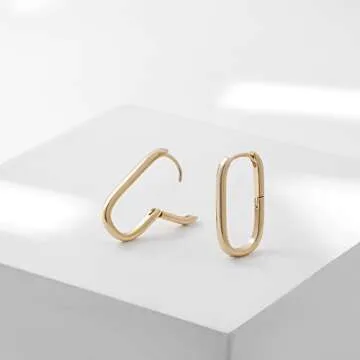 2Pairs 18K Gold Plated Small Rectangular Hoop Earrings for Women Tiny Minimalist Geometric Chunky Huggies Men U Shaped Small Rose Gold Hoops Set