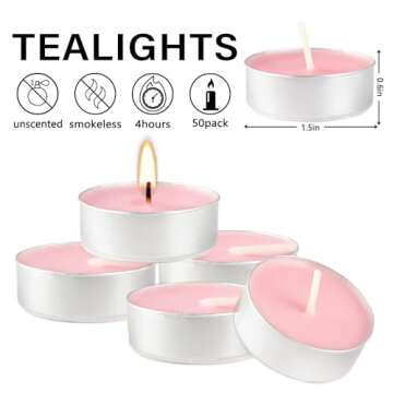 Unscented Tealight Candles Bulk, 50 Pack Pink Tea Lights for Wedding Party Anniversary Valentine Decor, Long-Lasting with 4 Hours Burning Time