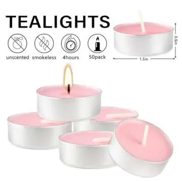 Unscented Tealight Candles Bulk, 50 Pack Pink Tea Lights for Wedding Party Anniversary Valentine Decor, Long-Lasting with 4 Hours Burning Time