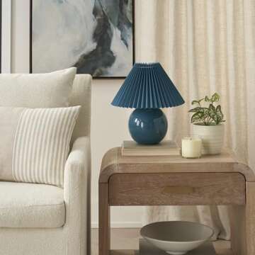 Nourison 13" Blue Ceramic Lamp with Pleated Shade