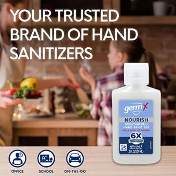 Germ-X Nourish Hand Sanitizer, Kids Hand Sanitizer, 2-in-1 Moisturizing and Sanitizing Formula with Shea Butter, Vitamin E & Aloe, Non-Greasy, Mini Travel Size for On-The-Go, 2 Fl Oz (Pack of 6)