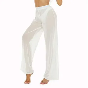 RUEWEY Women See Throug Mesh Flare Cover up Pants Swimsuit Bikini Bottom Cover up Elastic Waist Loose Wide Leg Long Palazzo Pants Trousers (XL, White)
