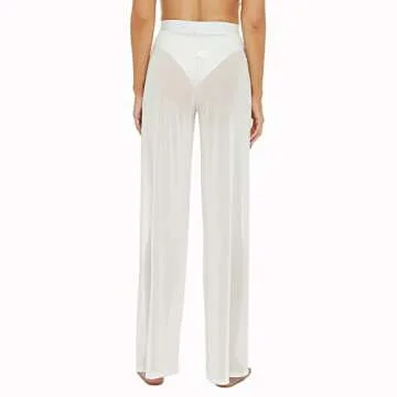 RUEWEY Women See Throug Mesh Flare Cover up Pants Swimsuit Bikini Bottom Cover up Elastic Waist Loose Wide Leg Long Palazzo Pants Trousers (XL, White)