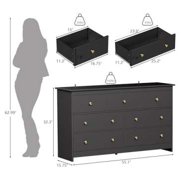 55'' Black Dresser for Bedroom, 7 Deep Drawer Large Wood Dresser with Gold Handles, Modern Wide Stor...