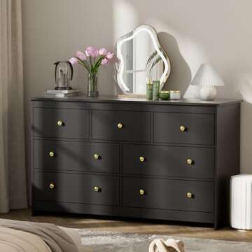 55'' Black Dresser for Bedroom, 7 Deep Drawer Large Wood Dresser with Gold Handles, Modern Wide Storage Dressers & Chests of Drawers for Entryway, Hallway