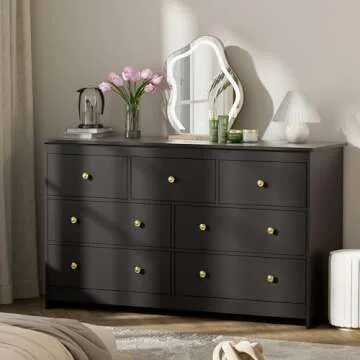 55'' Black Dresser for Bedroom, 7 Deep Drawer Large Wood Dresser with Gold Handles, Modern Wide Storage Dressers & Chests of Drawers for Entryway, Hallway