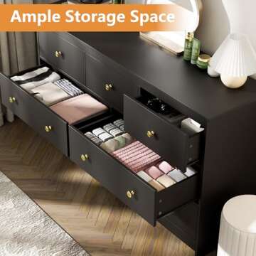 55'' Black Dresser for Bedroom, 7 Deep Drawer Large Wood Dresser with Gold Handles, Modern Wide Storage Dressers & Chests of Drawers for Entryway, Hallway