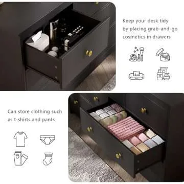 55'' Black Dresser for Bedroom, 7 Deep Drawer Large Wood Dresser with Gold Handles, Modern Wide Storage Dressers & Chests of Drawers for Entryway, Hallway